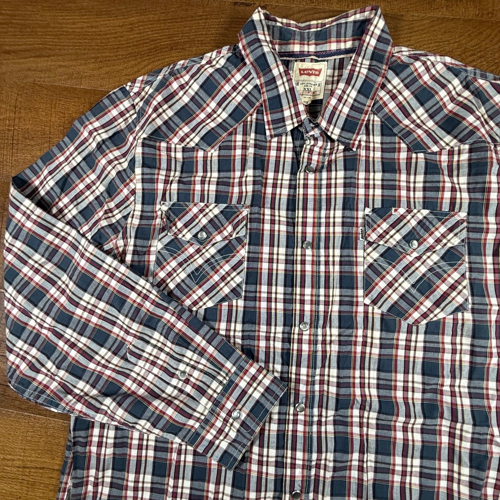 Levis Western Shirt Mens XXL Blue Red Plaid Modern Snap Front Long Sleeve Pocket